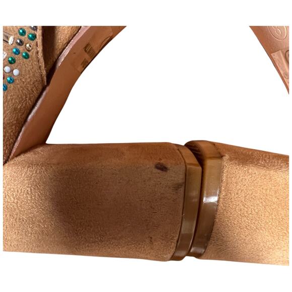 VENUS Womens 8 Tan Embellished Beaded Sandals Ankle Strap Block Heel - Picture 13 of 15